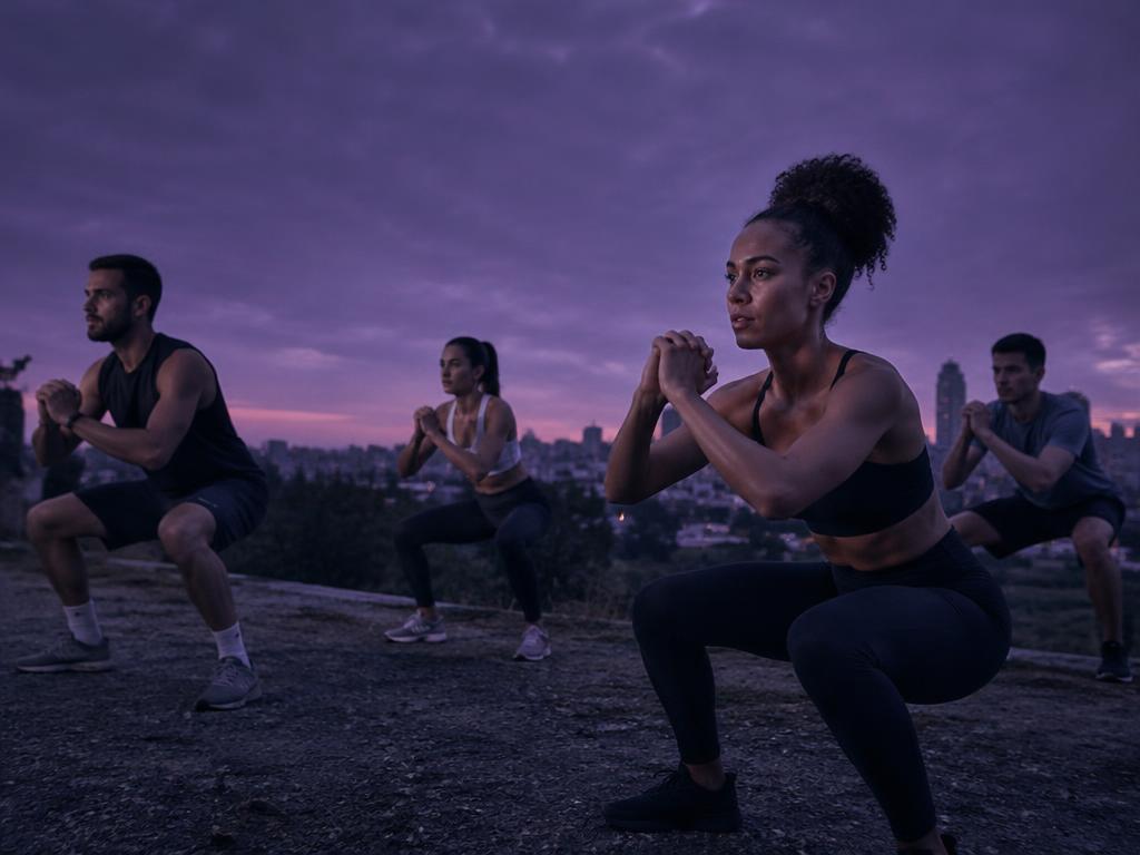 Grupo treinando agachamento ao ar livre ao entardecer