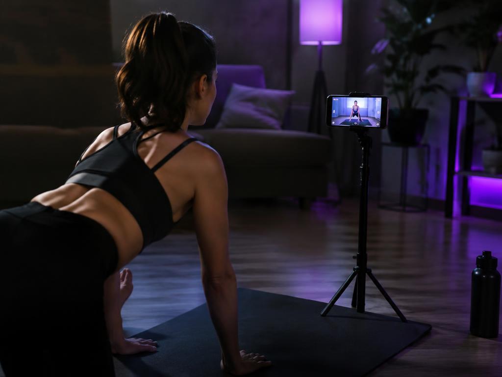 Aluna treinando em casa acompanhando vídeo no celular